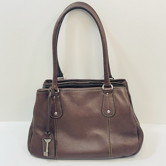 Fossil Handbags - Fossil Brown Pebbled Leather Satchel Double Top Handles Shoulder Bag Purse
